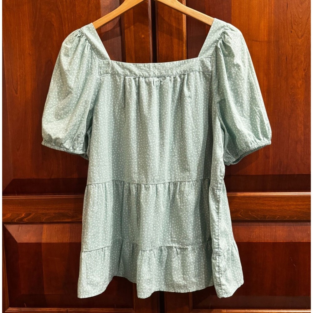 LOFT Women's Green Polka Dot Puff Sleeve Square Neck Cotton Blouse Top Large - Picture 9 of 13